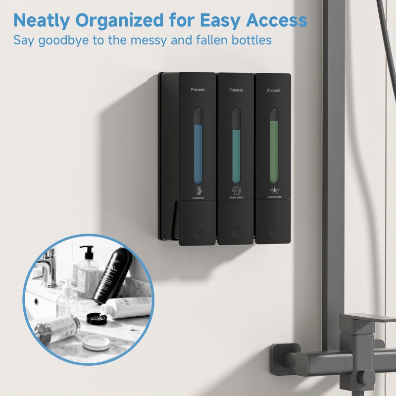 Pobamle Shampoo and Conditioner Dispenser - Shower Soap Dispenser Wall Mounted No Drill - Shampoo Conditioner Body Wash Dispenser 3 Chamber - Easy Install for Bathroom Hotel Black 1200ml - Image 2