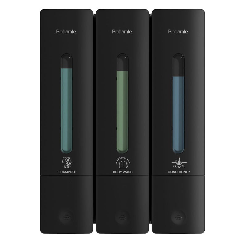 Pobamle Shampoo and Conditioner Dispenser - Shower Soap Dispenser Wall Mounted No Drill - Shampoo Conditioner Body Wash Dispenser 3 Chamber - Easy Install for Bathroom Hotel Black 1200ml - Image 1