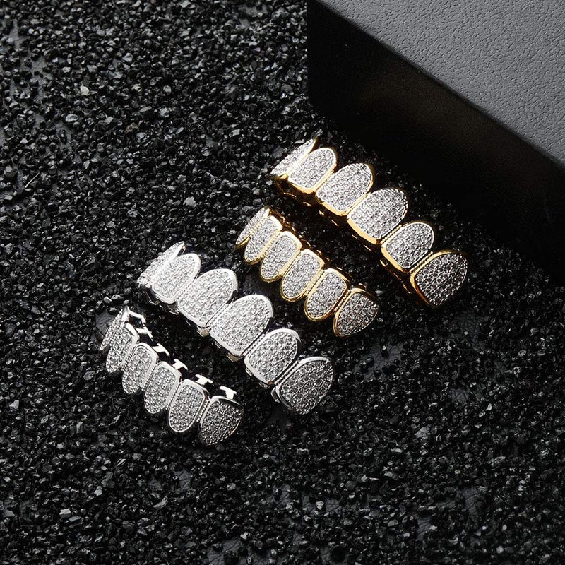 JINAO Grillz Grills for Your Teeth Simulated Diamond Teeth Grillz with Extra Molding Bars Included 18K Gold Plated All Iced Out Cubic Zirconia Golden Teeth for Men Women(Silvery Teeth Set) - Image 3