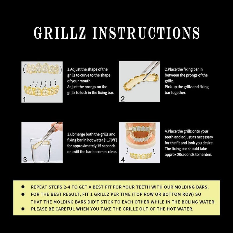 JINAO Grillz Grills for Your Teeth Simulated Diamond Teeth Grillz with Extra Molding Bars Included 18K Gold Plated All Iced Out Cubic Zirconia Golden Teeth for Men Women(Silvery Teeth Set) - Image 5