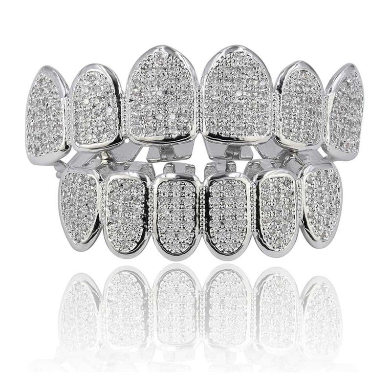 JINAO Grillz Grills for Your Teeth Simulated Diamond Teeth Grillz with Extra Molding Bars Included 18K Gold Plated All Iced Out Cubic Zirconia Golden Teeth for Men Women(Silvery Teeth Set) - Image 1