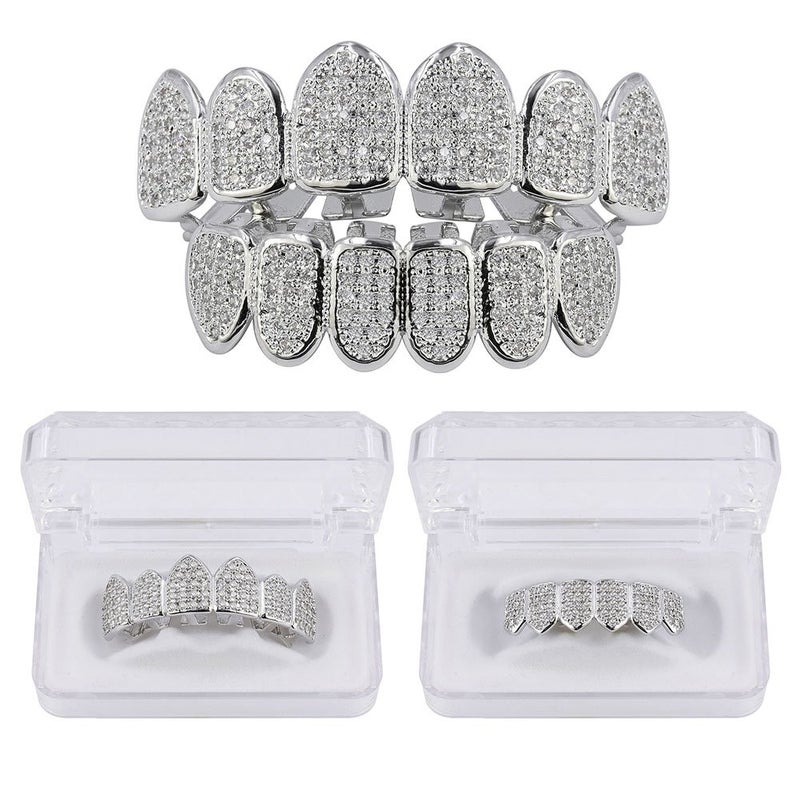 JINAO Grillz Grills for Your Teeth Simulated Diamond Teeth Grillz with Extra Molding Bars Included 18K Gold Plated All Iced Out Cubic Zirconia Golden Teeth for Men Women(Silvery Teeth Set) - Image 2