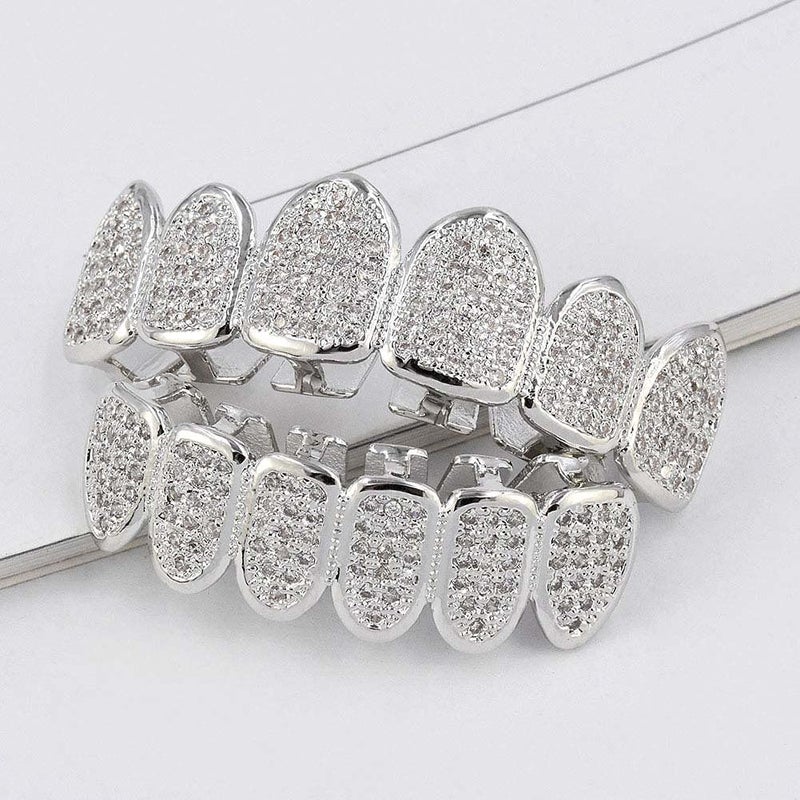 JINAO Grillz Grills for Your Teeth Simulated Diamond Teeth Grillz with Extra Molding Bars Included 18K Gold Plated All Iced Out Cubic Zirconia Golden Teeth for Men Women(Silvery Teeth Set) - Image 4