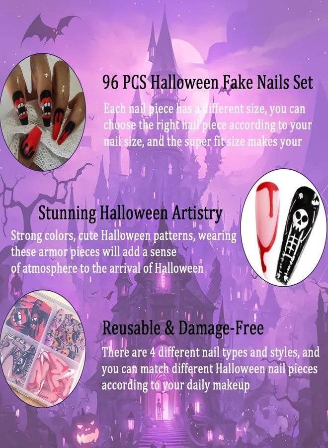 Wsimily 96 Pcs Halloween Press on Nails, Wsimily Halloween Acrylic Artificial False Nails Fake Nail with Nail Adhesive Tabs, Pumpkin Spider Bat Design for Women Girl Nail Art Decoration - Image 3