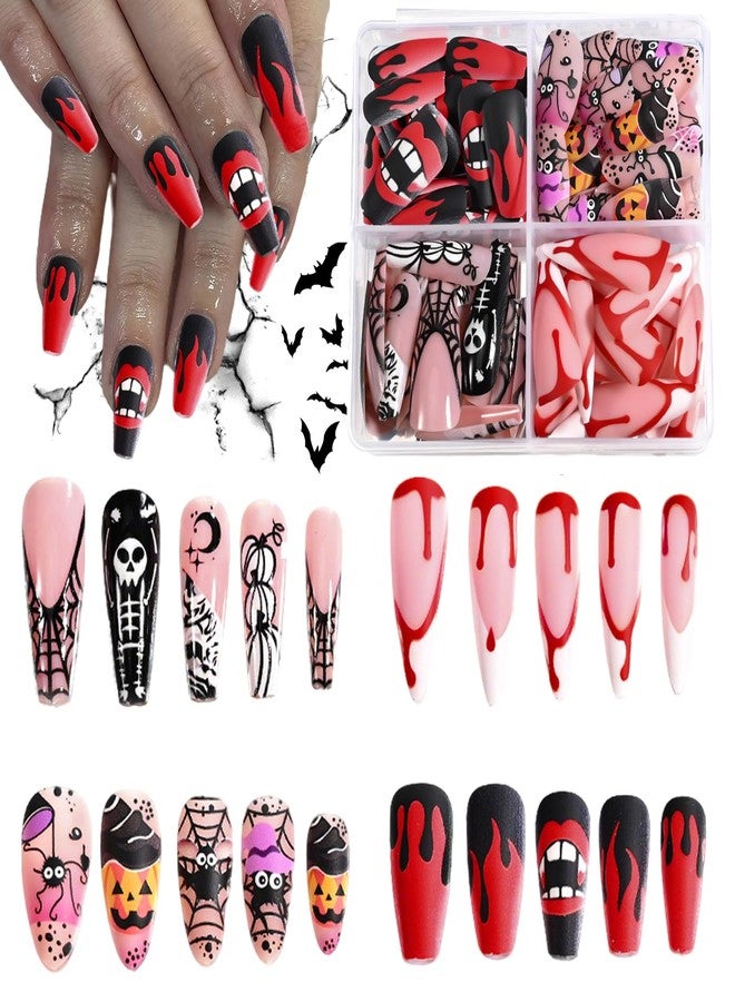 Wsimily 96 Pcs Halloween Press on Nails, Wsimily Halloween Acrylic Artificial False Nails Fake Nail with Nail Adhesive Tabs, Pumpkin Spider Bat Design for Women Girl Nail Art Decoration - Image 1