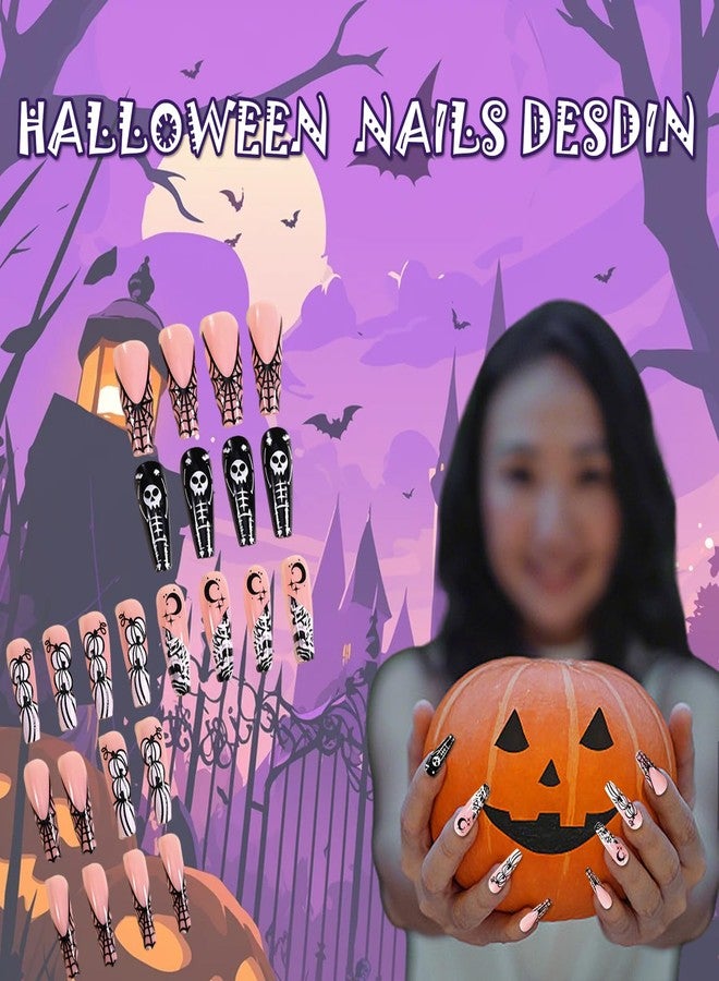 Wsimily 96 Pcs Halloween Press on Nails, Wsimily Halloween Acrylic Artificial False Nails Fake Nail with Nail Adhesive Tabs, Pumpkin Spider Bat Design for Women Girl Nail Art Decoration - Image 2