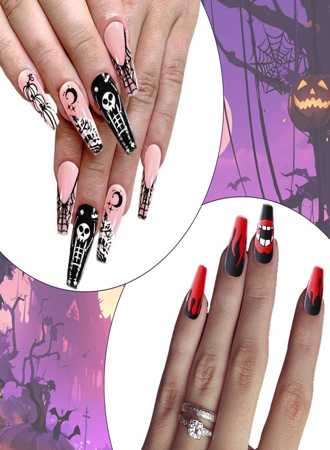 Wsimily 96 Pcs Halloween Press on Nails, Wsimily Halloween Acrylic Artificial False Nails Fake Nail with Nail Adhesive Tabs, Pumpkin Spider Bat Design for Women Girl Nail Art Decoration - Image 4