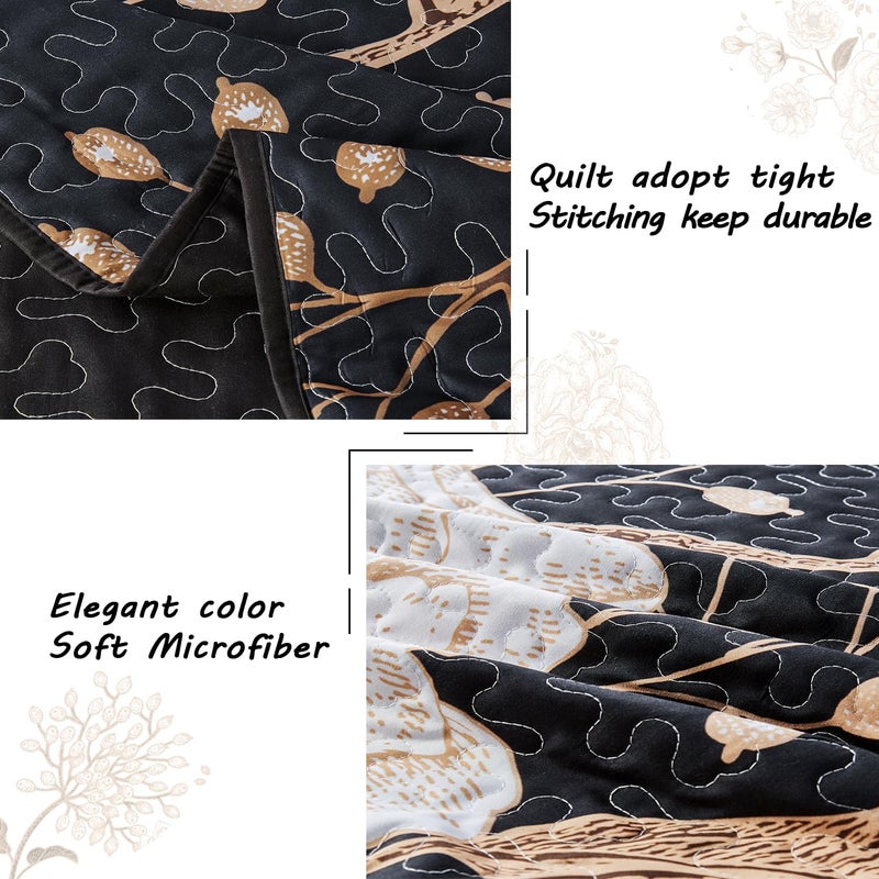 Yogeneg King Size Quilt Set,White Gold Floral Botanical Pattern Black Bedding Set,3 Piece Lightweight Soft Summer Bedspread Coverlet with 2 PIillow Sham for All Season(Black Floral,110"x96") - Image 5