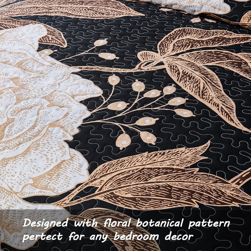 Yogeneg King Size Quilt Set,White Gold Floral Botanical Pattern Black Bedding Set,3 Piece Lightweight Soft Summer Bedspread Coverlet with 2 PIillow Sham for All Season(Black Floral,110"x96") - Image 4