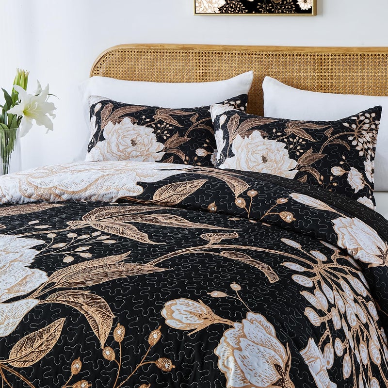 Yogeneg King Size Quilt Set,White Gold Floral Botanical Pattern Black Bedding Set,3 Piece Lightweight Soft Summer Bedspread Coverlet with 2 PIillow Sham for All Season(Black Floral,110"x96") - Image 2
