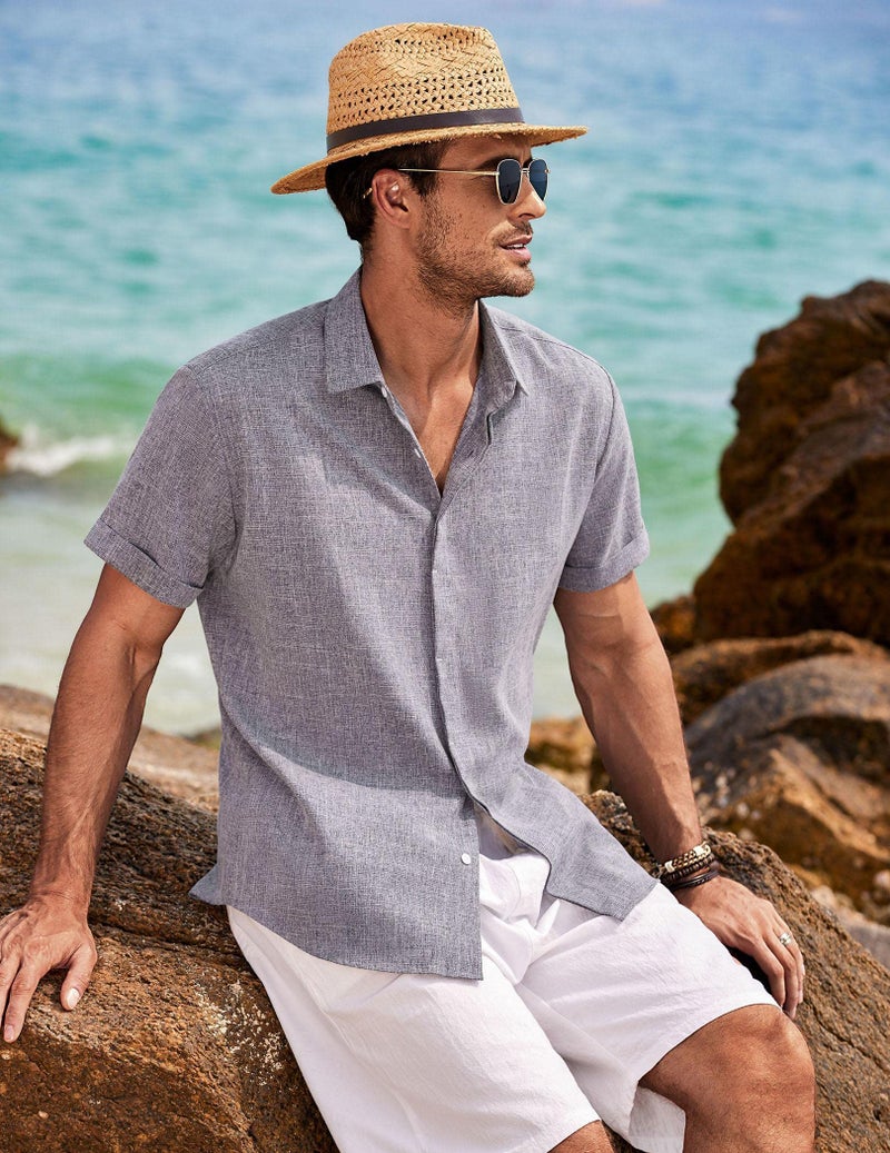 COOFANDY Men's Linen Shirts Short Sleeve Casual Shirts Button Down Shirt for Men Beach Summer Wedding Shirt Dark Blue Grey - Image 4