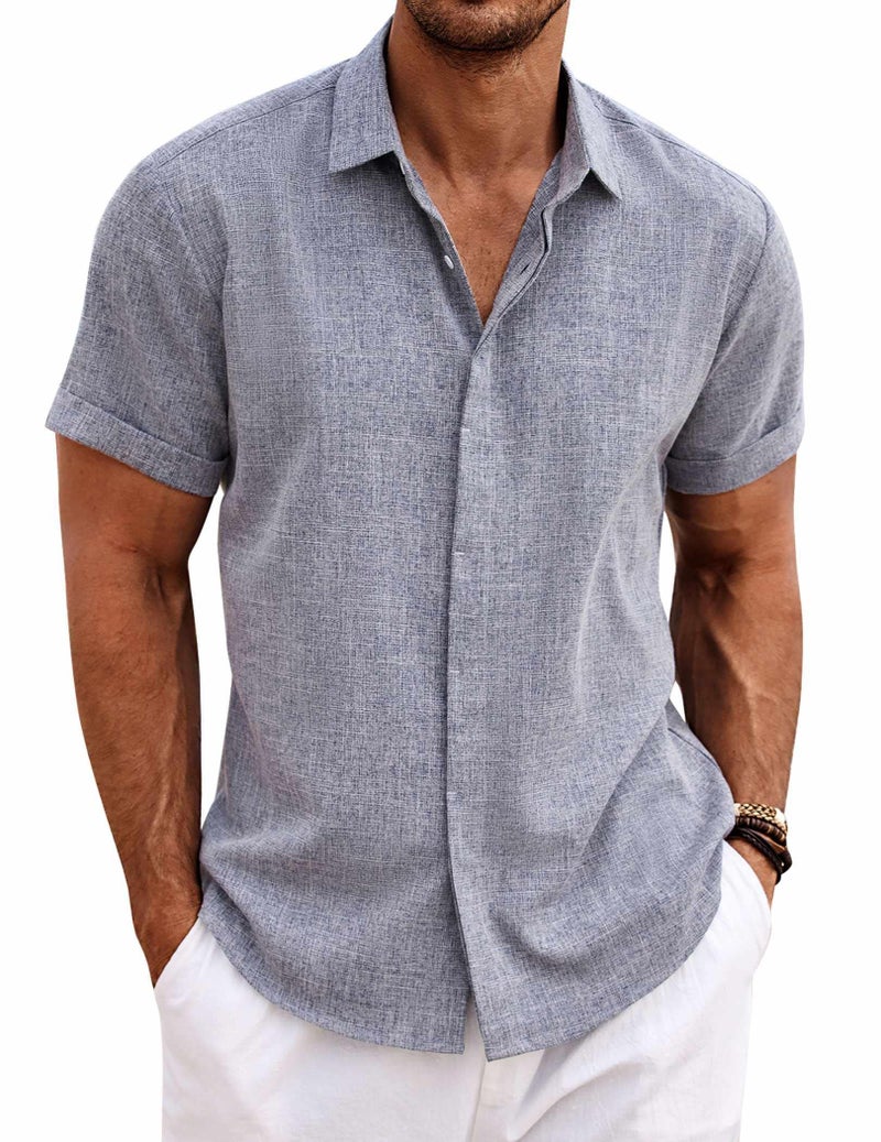 COOFANDY Men's Linen Shirts Short Sleeve Casual Shirts Button Down Shirt for Men Beach Summer Wedding Shirt Dark Blue Grey - Image 1