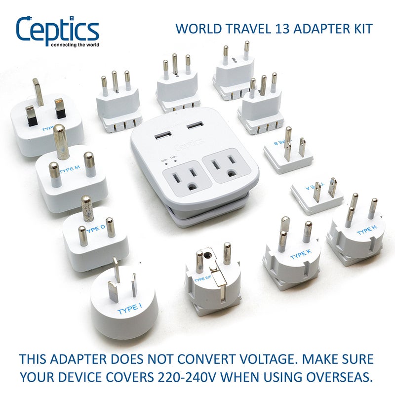 Ceptics International Plug Adapter Kit, World Safest Grounded 13 Adaptor Set Dual USB Ports - Travel Anywhere - Business Use - Perfect for Laptops, Cell Phones, Chargers - Surge Protection - Image 2