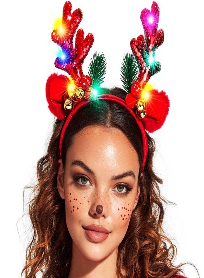 CAKURE Light Up Reindeer Antlers Headband Christmas Headbands Holiday Headwear Xmas Hair Accessories for Women (b-red, one size) - Image 1