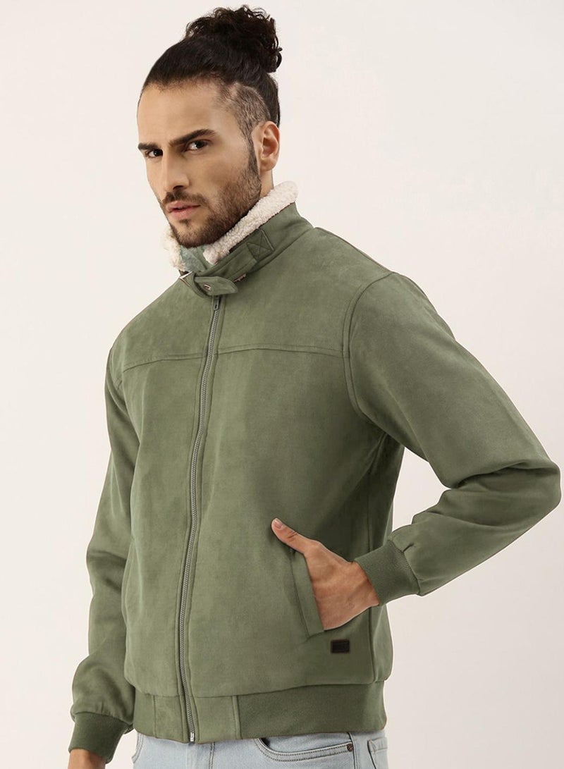 Campus Sutra Men's Obsidian Green Fur-Lined Suede Bomber Jacket - Image 3