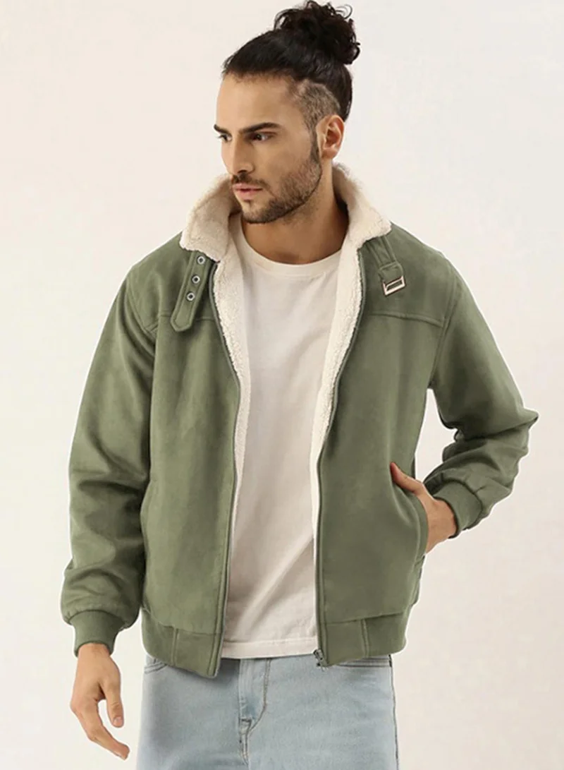 Campus Sutra Men's Obsidian Green Fur-Lined Suede Bomber Jacket