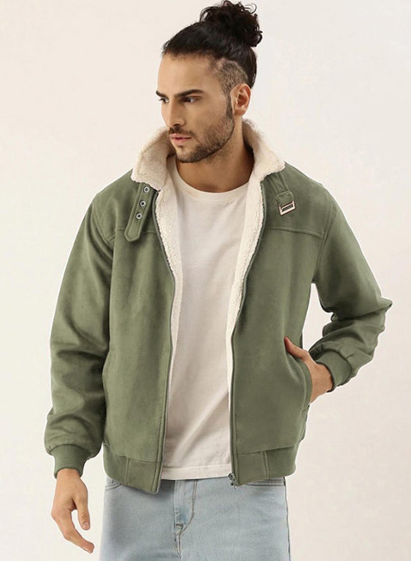 Campus Sutra Men's Obsidian Green Fur-Lined Suede Bomber Jacket - Image 2