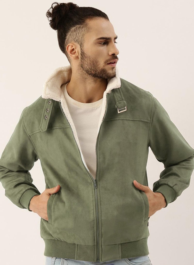 Campus Sutra Men's Obsidian Green Fur-Lined Suede Bomber Jacket - Image 1