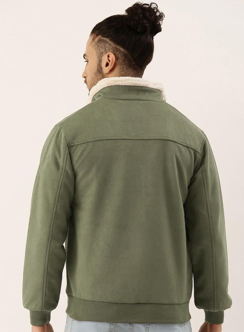 Campus Sutra Men's Obsidian Green Fur-Lined Suede Bomber Jacket - Image 5