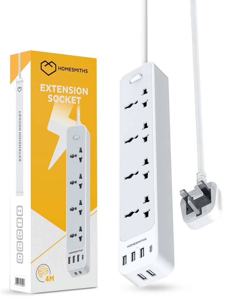 Homesmiths 4 Way Extension Socket 4M with 5 USB-C & 1 USB-A Fast Charging Ports, Heavy Duty Power Extension Cord, Universal Multi Plug Surge Protector, UK 3-Pin Fireproof Power Strip for Home Office - Image 1