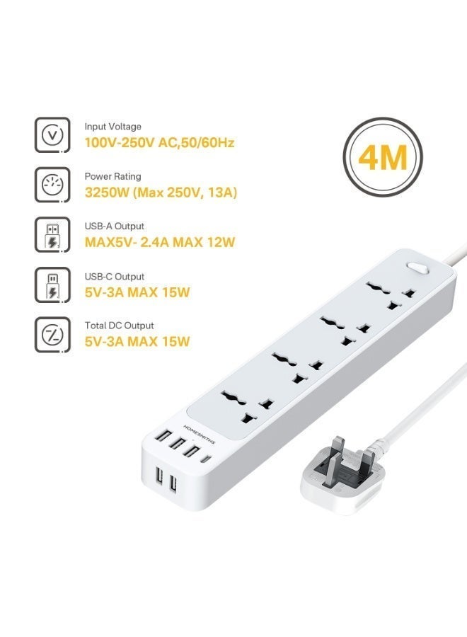 هومسميثز هومسميثس مقبس تمديد رباعي 4 متر مع 5 منافذ USB-C ومنفذ USB-A واحد للشحن السريع، سلك تمديد طاقة عالي التحمل، متعدد المقابس مع حماية من زيادة التيار، قابس UK ثلاثي، شريط طاقة مقاوم للحريق للمنزل والمكتب - Image 2