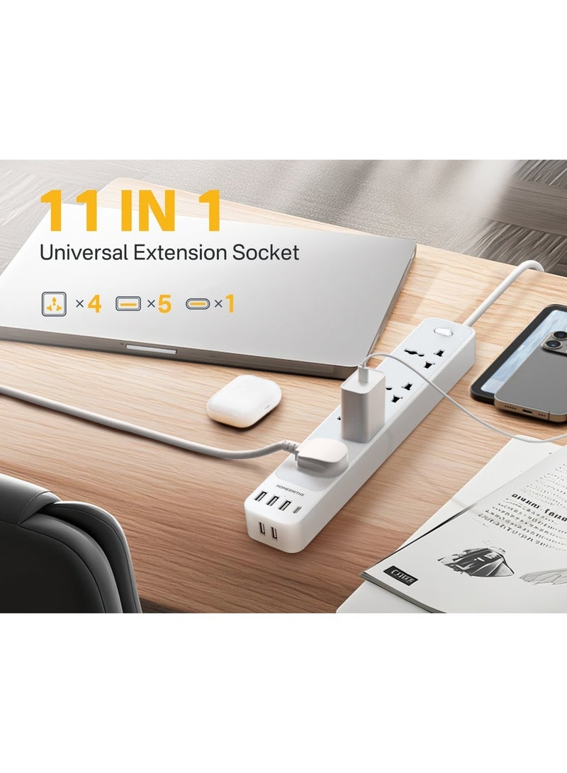 هومسميثز هومسميثس مقبس تمديد رباعي 4 متر مع 5 منافذ USB-C ومنفذ USB-A واحد للشحن السريع، سلك تمديد طاقة عالي التحمل، متعدد المقابس مع حماية من زيادة التيار، قابس UK ثلاثي، شريط طاقة مقاوم للحريق للمنزل والمكتب - Image 3