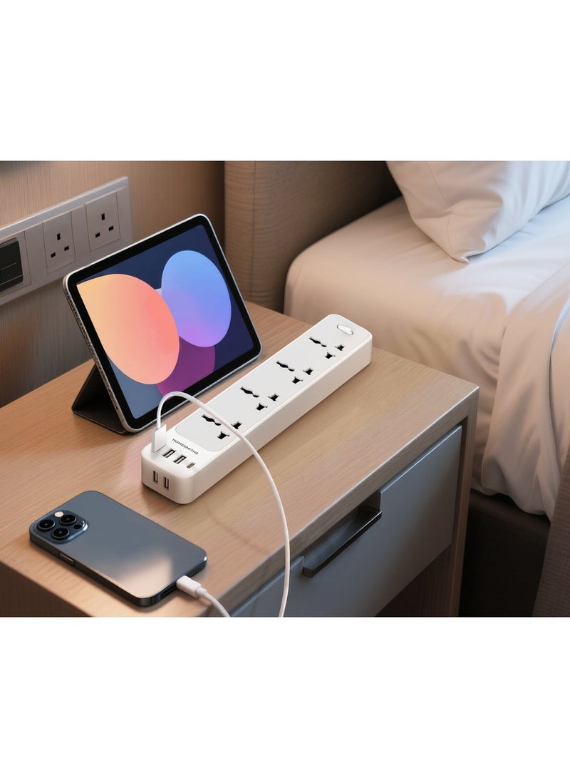 هومسميثز هومسميثس مقبس تمديد رباعي 4 متر مع 5 منافذ USB-C ومنفذ USB-A واحد للشحن السريع، سلك تمديد طاقة عالي التحمل، متعدد المقابس مع حماية من زيادة التيار، قابس UK ثلاثي، شريط طاقة مقاوم للحريق للمنزل والمكتب - Image 5