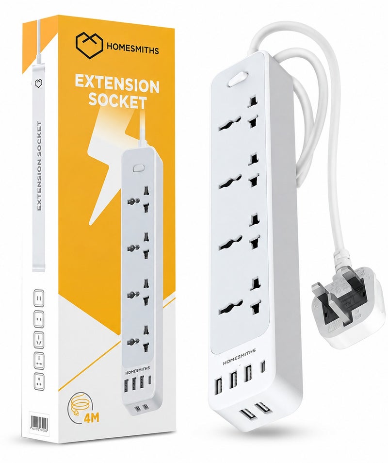 هومسميثز هومسميثس مقبس تمديد رباعي 4 متر مع 5 منافذ USB-C ومنفذ USB-A واحد للشحن السريع، سلك تمديد طاقة عالي التحمل، متعدد المقابس مع حماية من زيادة التيار، قابس UK ثلاثي، شريط طاقة مقاوم للحريق للمنزل والمكتب - Image 1