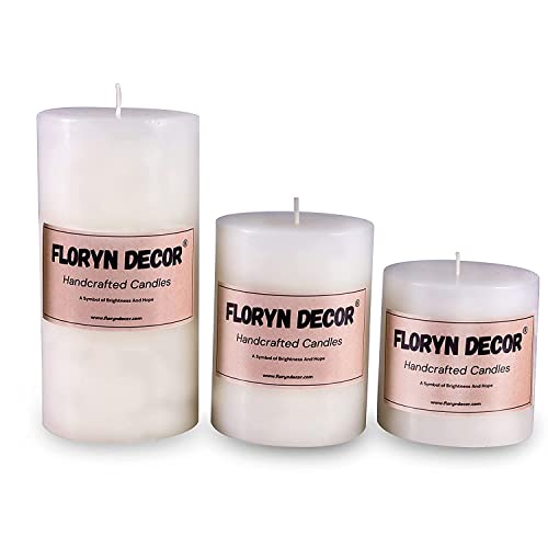 Floryn Decor Smokeless Unscented Pillar Candles Set of 3 – White Paraffin Wax Dinner, Home Decor & Event Candles (3×6, 3×4, 3×3 inch) - Image 4