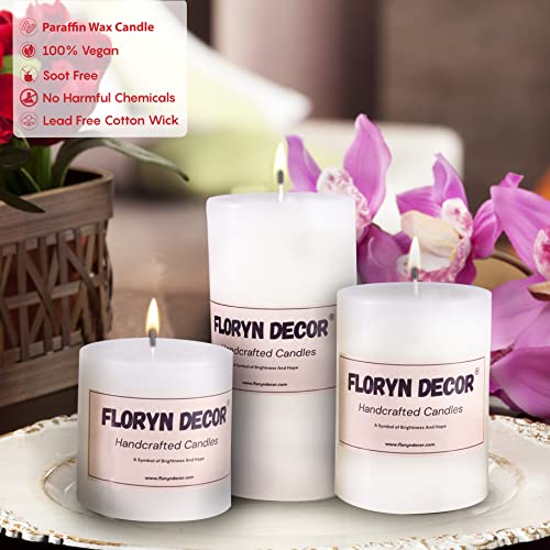 Floryn Decor Smokeless Unscented Pillar Candles Set of 3 – White Paraffin Wax Dinner, Home Decor & Event Candles (3×6, 3×4, 3×3 inch) - Image 2