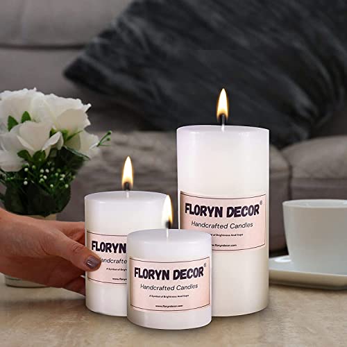 Floryn Decor Smokeless Unscented Pillar Candles Set of 3 – White Paraffin Wax Dinner, Home Decor & Event Candles (3×6, 3×4, 3×3 inch) - Image 1