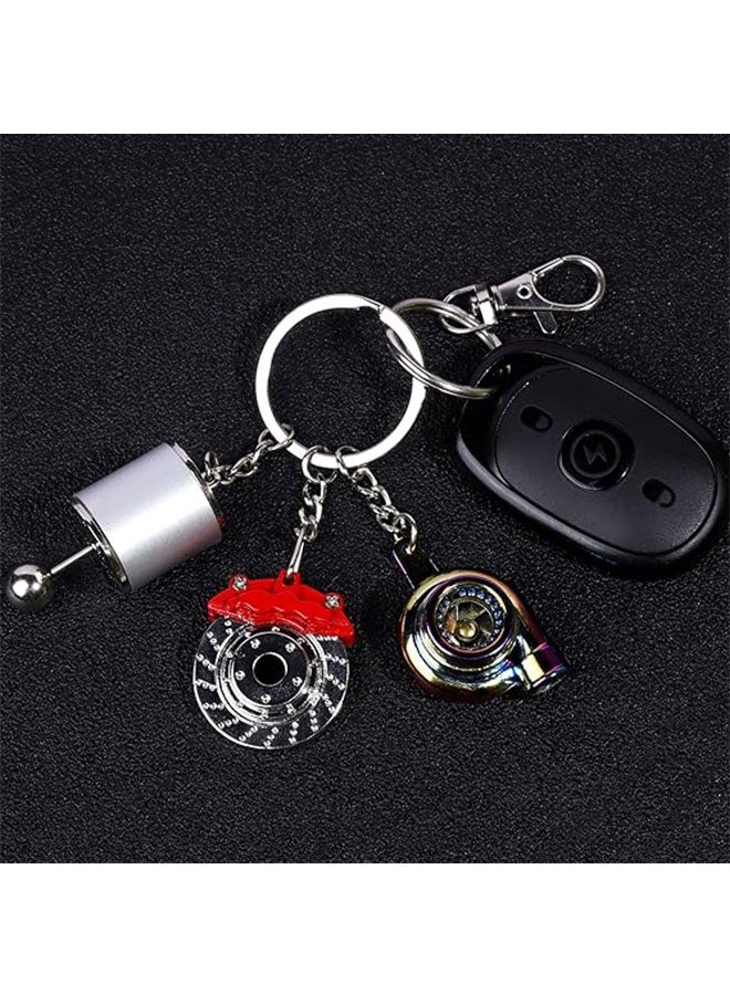 Happy D 5 car parts model keychains: turbo keychain, silver manual gearbox keychain, colorful tire rim keychain, red brake rotor keychain, red spring shock absorber keychain, perfect gift for car decoration - Image 3