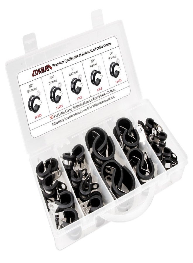 LOKMAN 50 Pieces Stainless Steel Cable Clamp Assortment Kit, Rubber Cushion Pipe Clamps Wire Line Insulated Clamps Assorted for Tube, Pipe, Cord Installation in 5 Size 1/4'' 3/8'' 1/2'' 3/4'' 1'' - Image 1