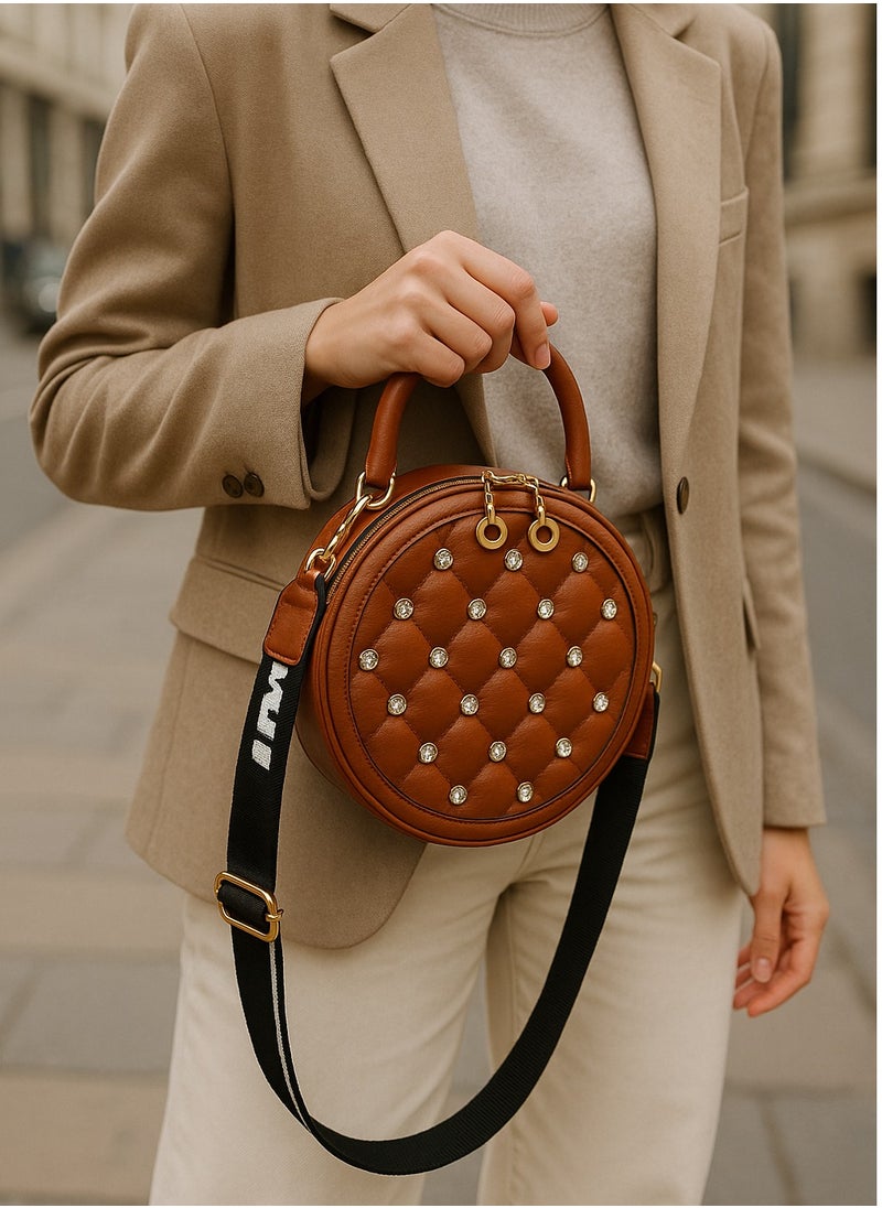 Dar Round Quilted Crossbody Handbag for Women – Camel Faux Leather – Studded Design  - Image 5