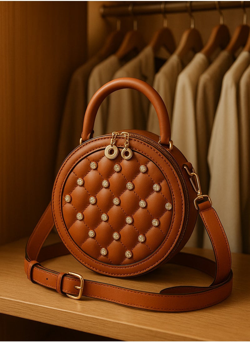 Dar Round Quilted Crossbody Handbag for Women – Camel Faux Leather – Studded Design  - Image 2
