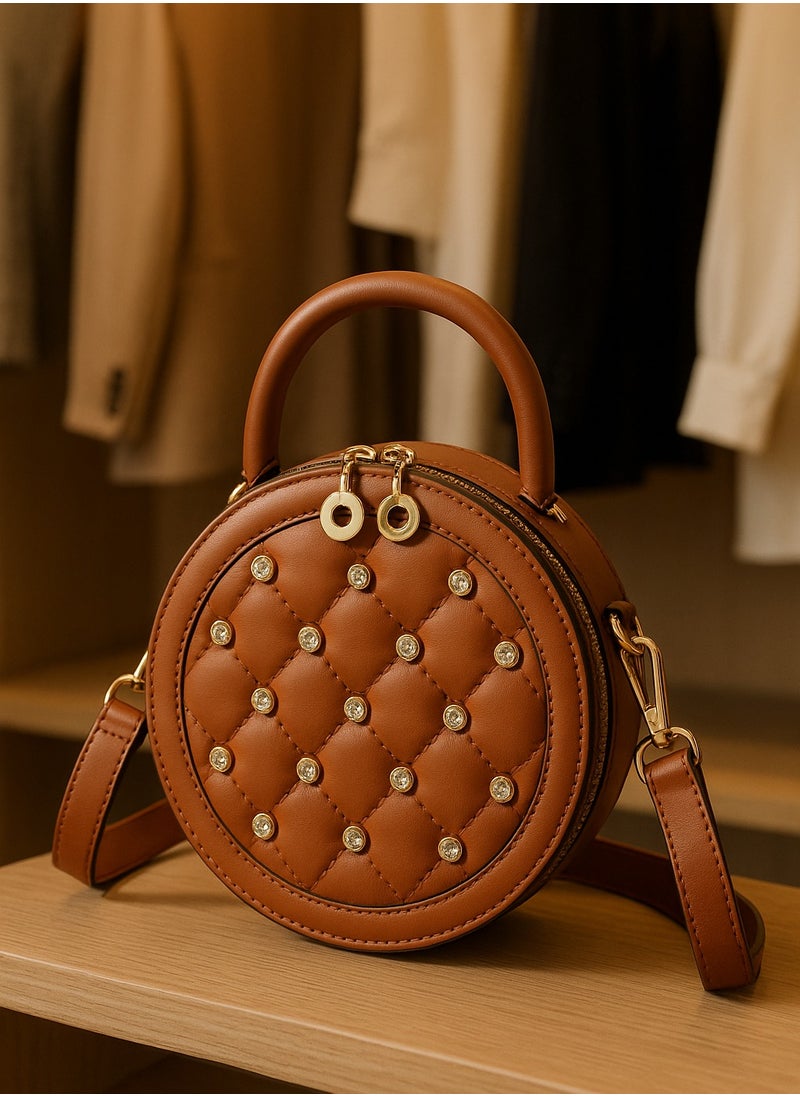 Dar Round Quilted Crossbody Handbag for Women – Camel Faux Leather – Studded Design  - Image 1
