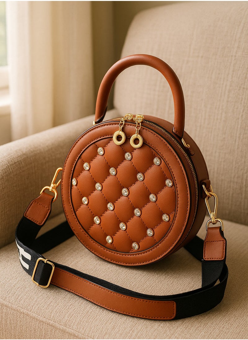 Dar Round Quilted Crossbody Handbag for Women – Camel Faux Leather – Studded Design  - Image 4