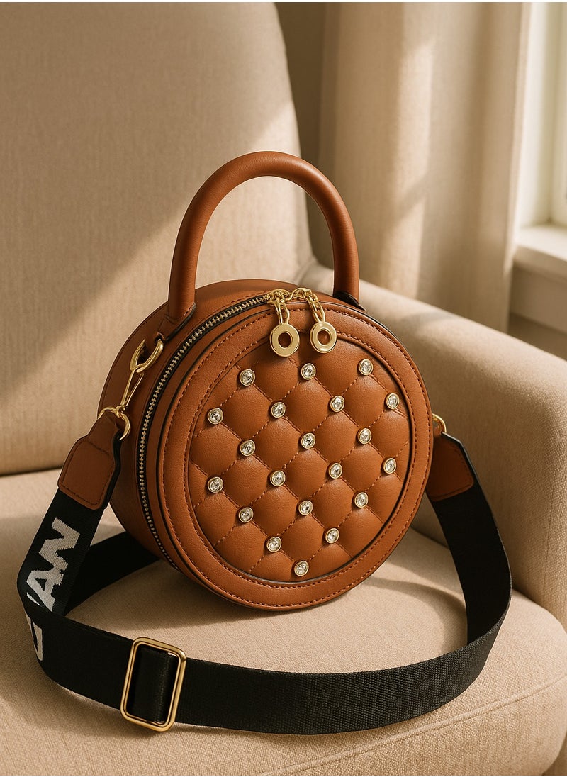 Dar Round Quilted Crossbody Handbag for Women – Camel Faux Leather – Studded Design  - Image 3