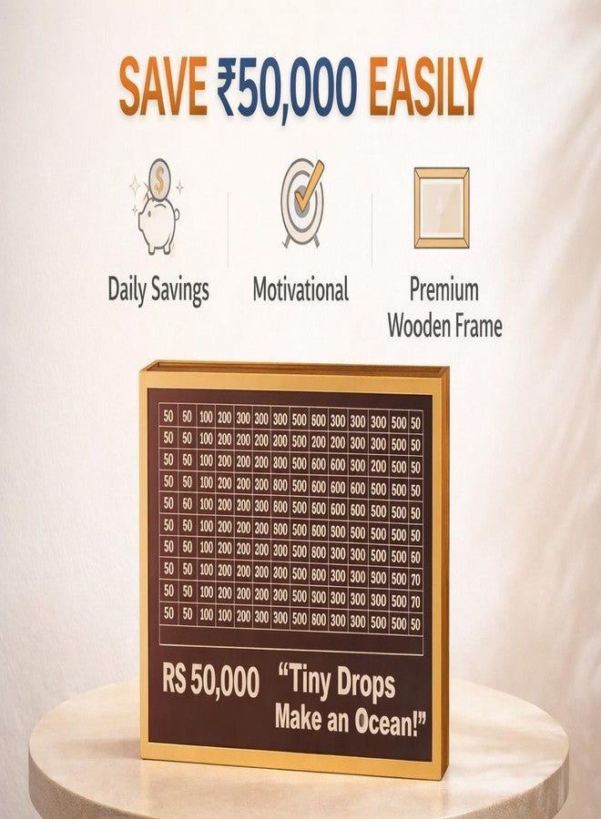 IDITRI EXPORT Wooden Money Saving Box with Printed Amount Chart, Cash Coin Saving Challenge Box for Kids and Adults, Reusable Wooden Saving Box for Home Use (Pen 50k Money Box, 1, Count) - Image 4
