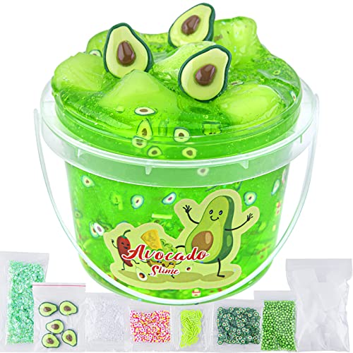 LAWOHO Clear Slime Green Avocado Clear Jelly Cube Glimmer Crunchy Slime with 8 Addins Idea Stress Relief Toy Kids Party Favor Birthday Easter Christmas New Year Gift for Girls and Boys Age 6 7 8 9 10 - Image 1