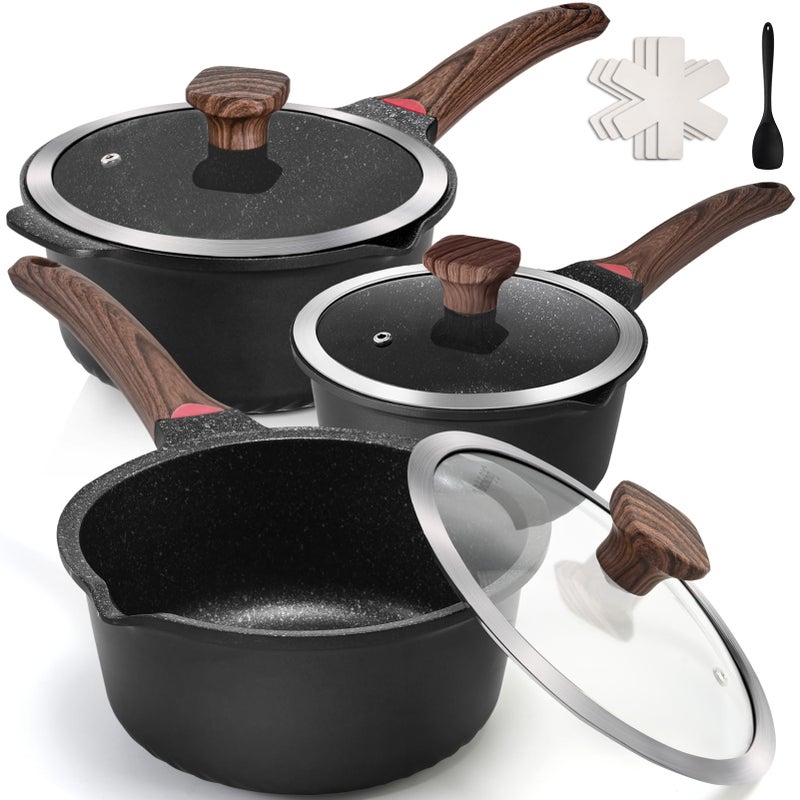 VINCHEF Sauce Pan Set with Lid 10PCS 2QT3QT4QT Non Stick Sauce Pots Cooking Induction Pot set Silicone Tools and Pot Protectors PFAS and PFOA Free Black