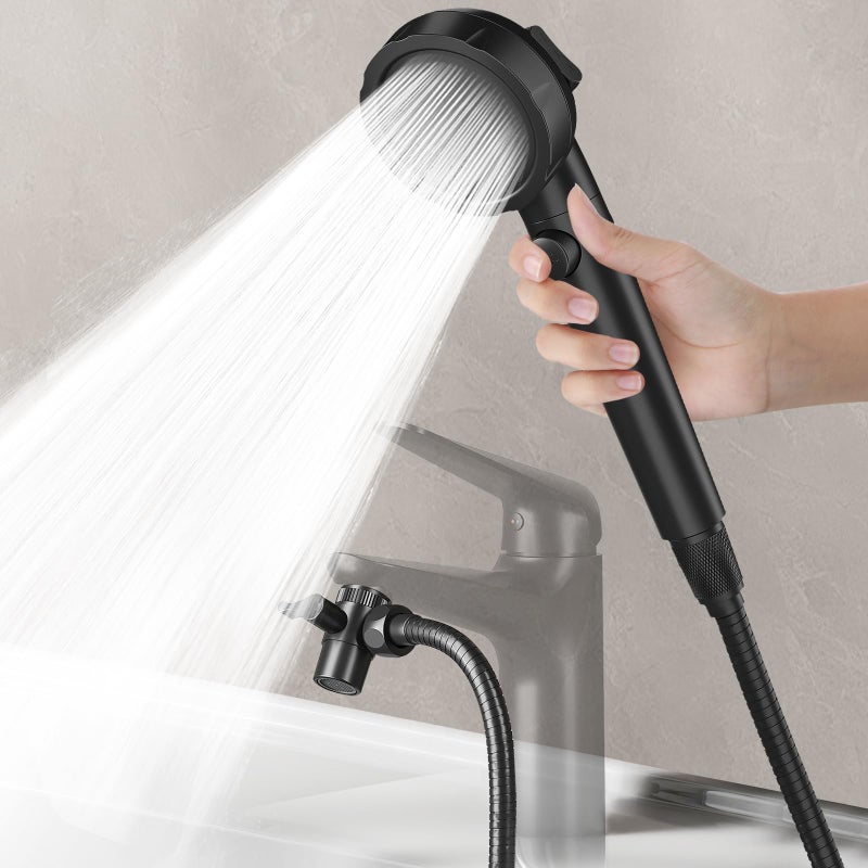HOWUWEY Sink Hose Attachment for Faucet with 5 Adapters, Tub Faucet Sprayer Attachment, 3 Spray Modes Shower Head with ON/OFF Button, Filtered Shower Sprayer for Tub (Matte Black) - Image 1