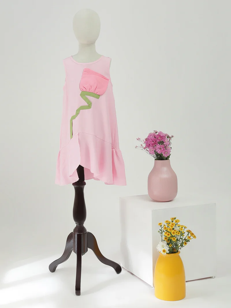 globus Globus Girls Pink Round Neck Floral Applique Detail Asymmetric Flared Hem A-Line Party Tiered Mini Dress
