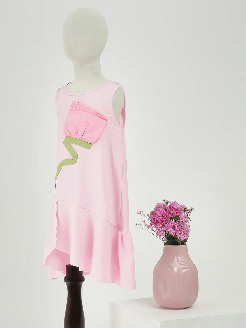 جلو باص Globus Girls Pink Round Neck Floral Applique Detail Asymmetric Flared Hem A-Line Party Tiered Mini Dress
