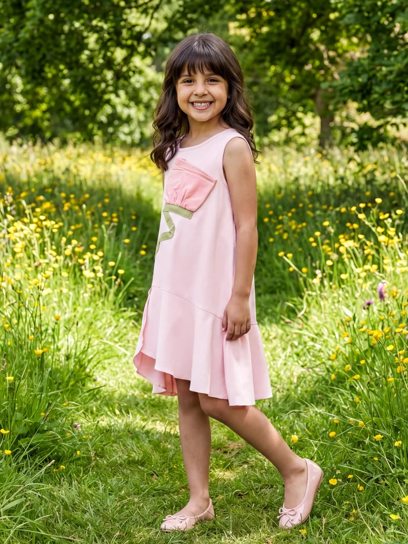 جلو باص Globus Girls Pink Round Neck Floral Applique Detail Asymmetric Flared Hem A-Line Party Tiered Mini Dress