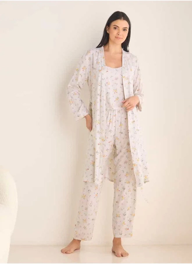 FAV Floral Print Night Robe with Camisole and Pyjama Set