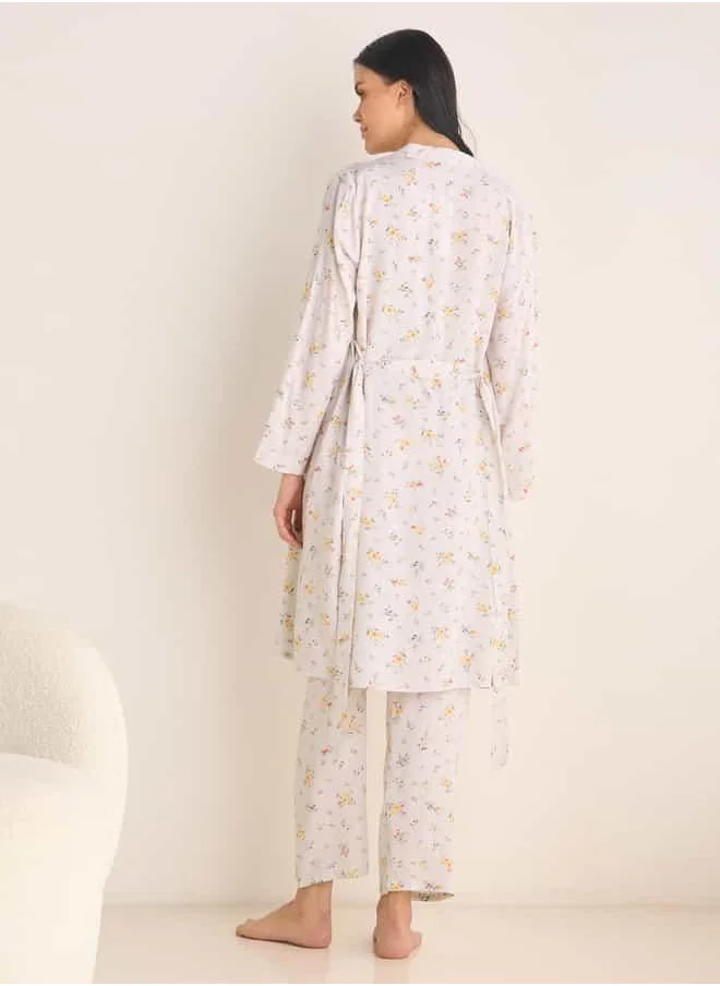 FAV Floral Print Night Robe with Camisole and Pyjama Set