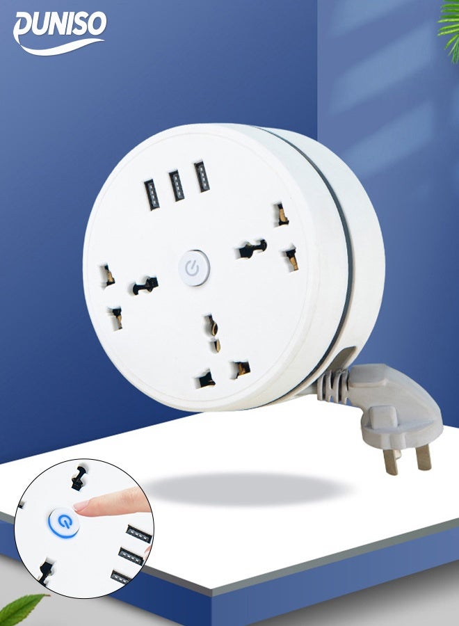 DUNISO Power Strip Extension Cord，Storable Round Power Strip，6 in 1 Universal Power Socket，3 Outlets Power Socket with 3 USB Ports Universal Charging Socket with 2M Extension Cord，White  - Image 1