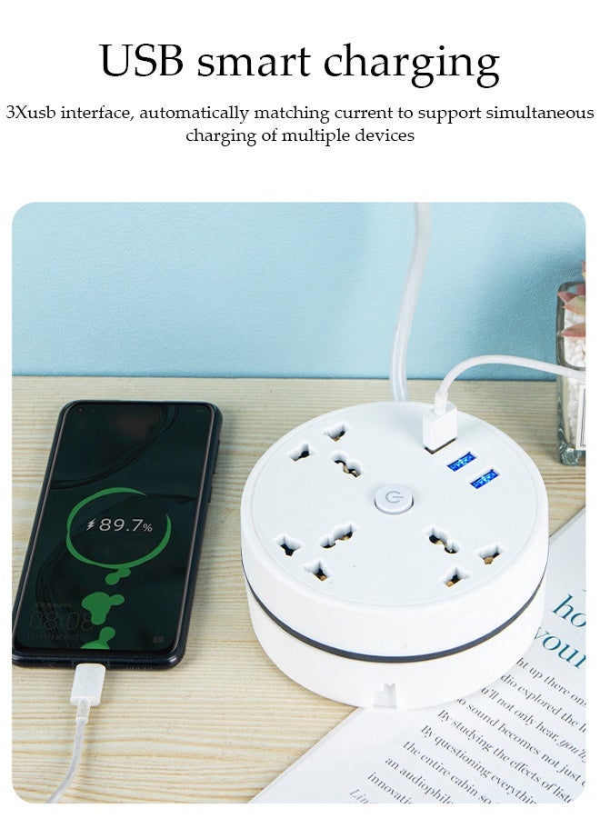 DUNISO Power Strip Extension Cord，Storable Round Power Strip，6 in 1 Universal Power Socket，3 Outlets Power Socket with 3 USB Ports Universal Charging Socket with 2M Extension Cord，White  - Image 2