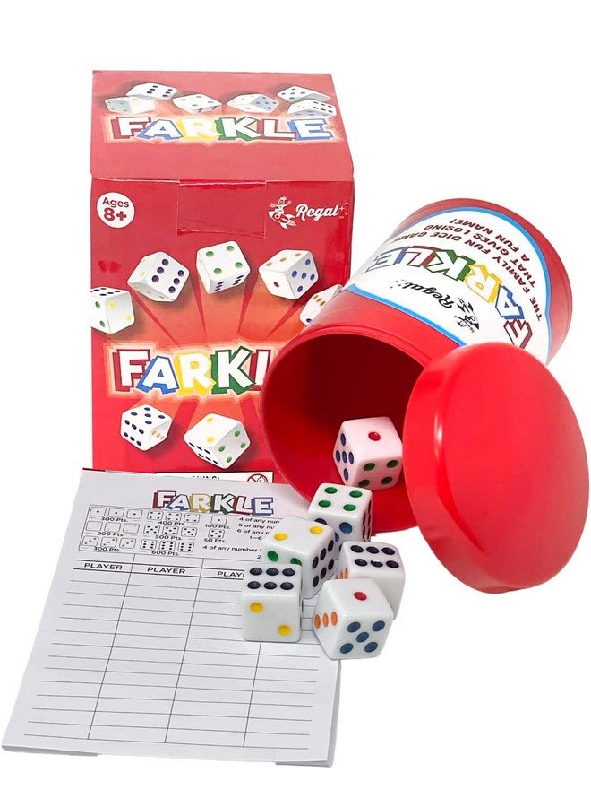 Regal Games - Farkle Classic Dice Game w/ 6 Colored Dice, 1 Convenient Dice Cup for Easy Shaking, and 25 Score Sheets - Fun Family Game for Travel, Camp, and More - Ideal for 2-4 Players (Ages 12+) - Image 1